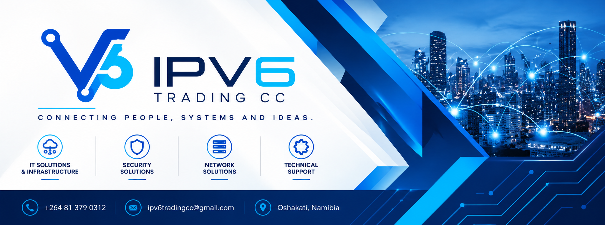 IPV6 Trading CC promotional banner featuring its services, contact details and connected-city artwork
